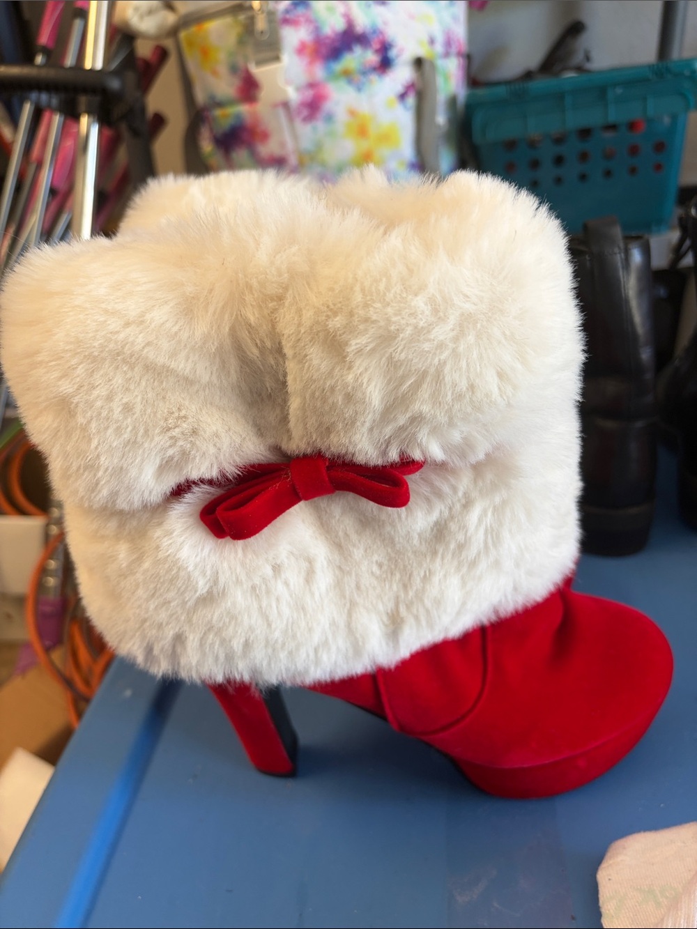 Women's Red Suede High-Heel Boot with Faux Fur Cuff
